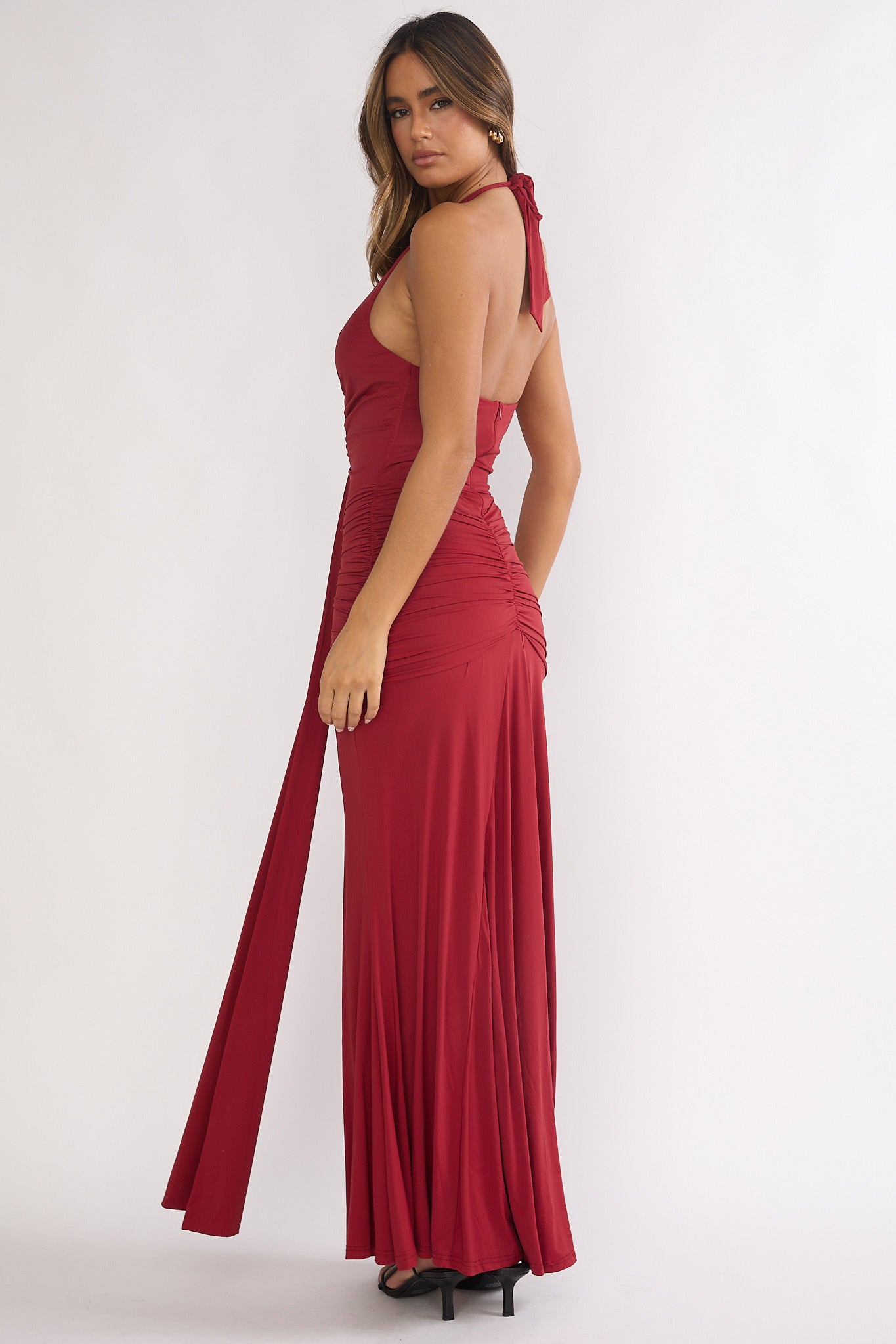 Brienna Halter Ruched Maxi Dress Wine Brienna Halter Ruched Maxi Dress Wine