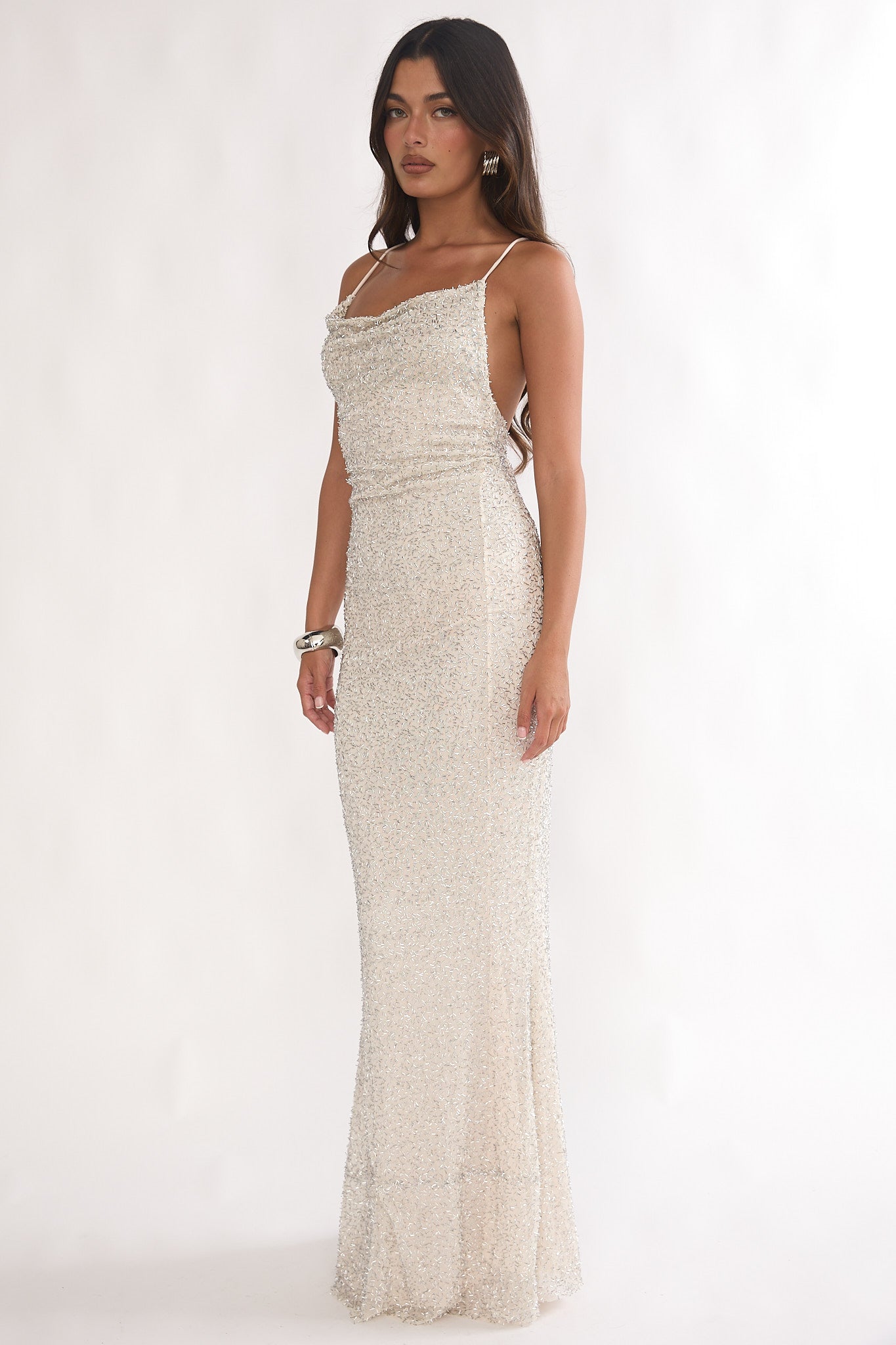 strappy open back maxi dress Women's Taupe Slinky Open Back Strappy Maxi Dress