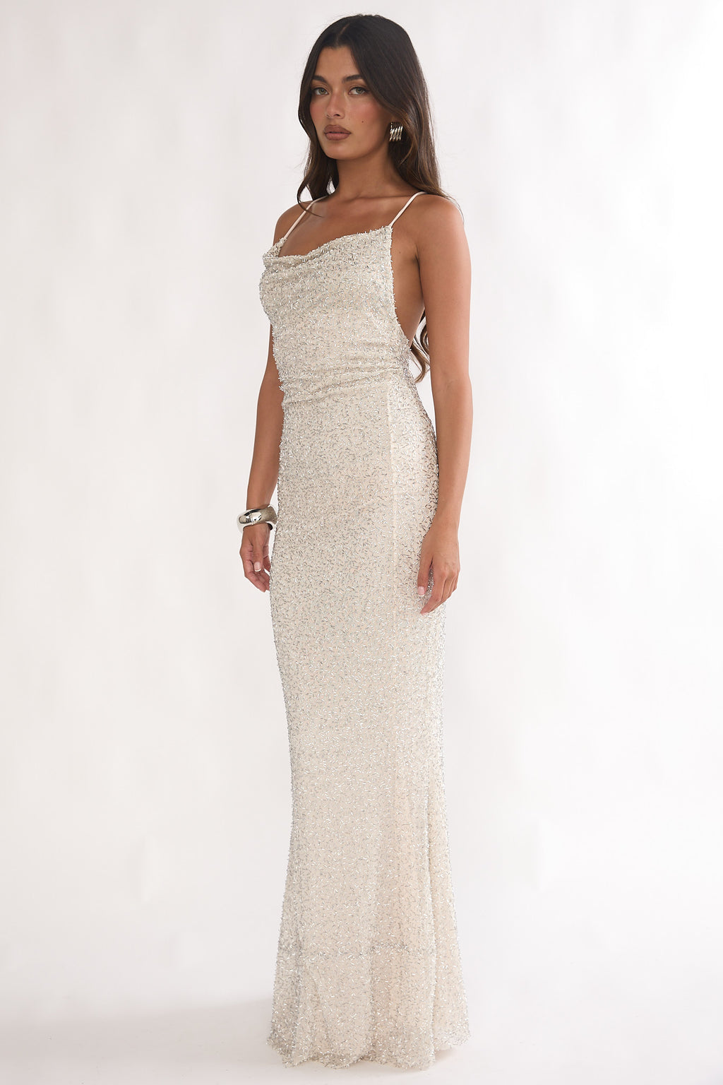 Emillia Strappy Open Back Maxi Dress Sequin Ivory by Selfie Leslie