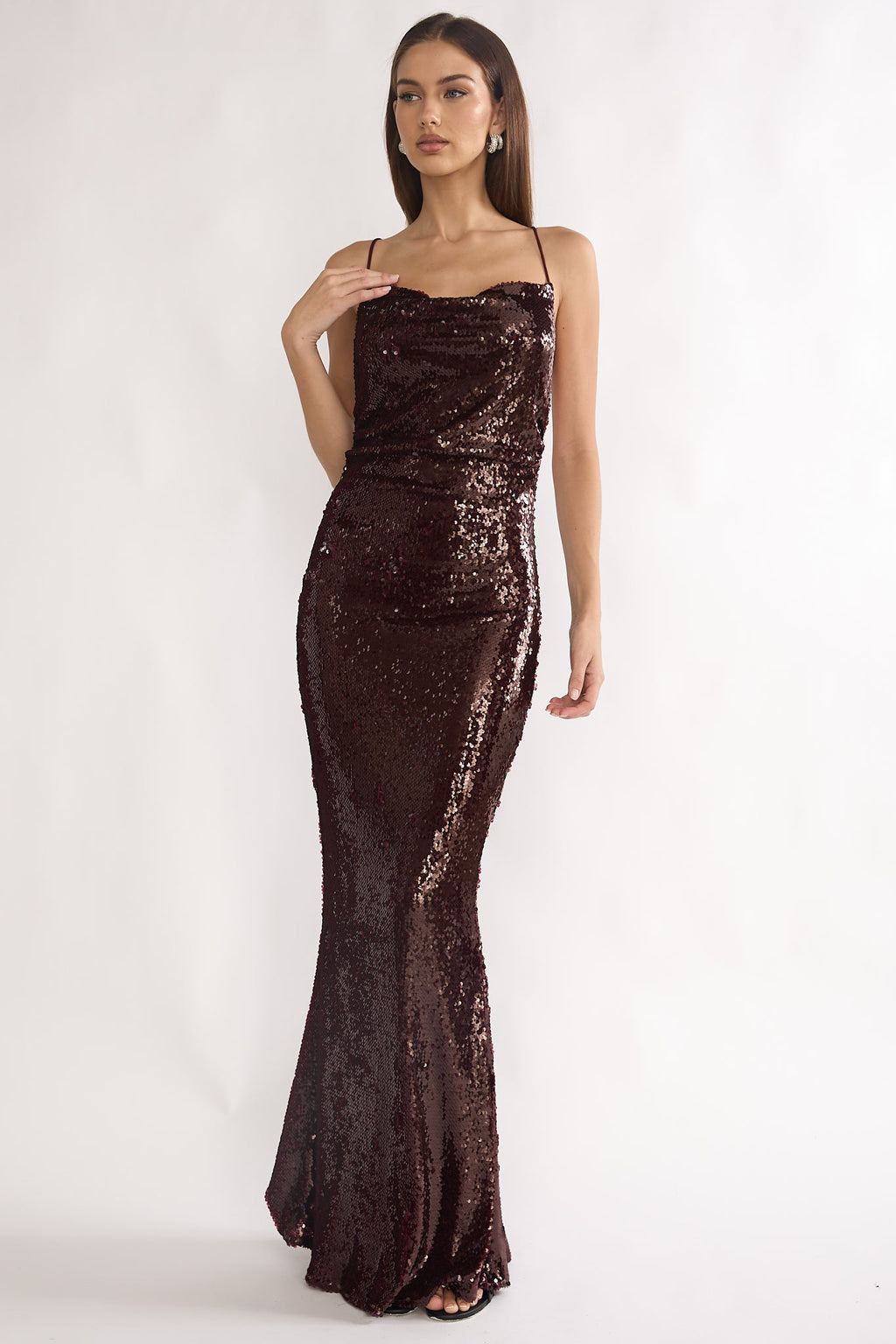 She's The Star Open Tied Back Maxi Dress Sequin Wine by Selfie Leslie