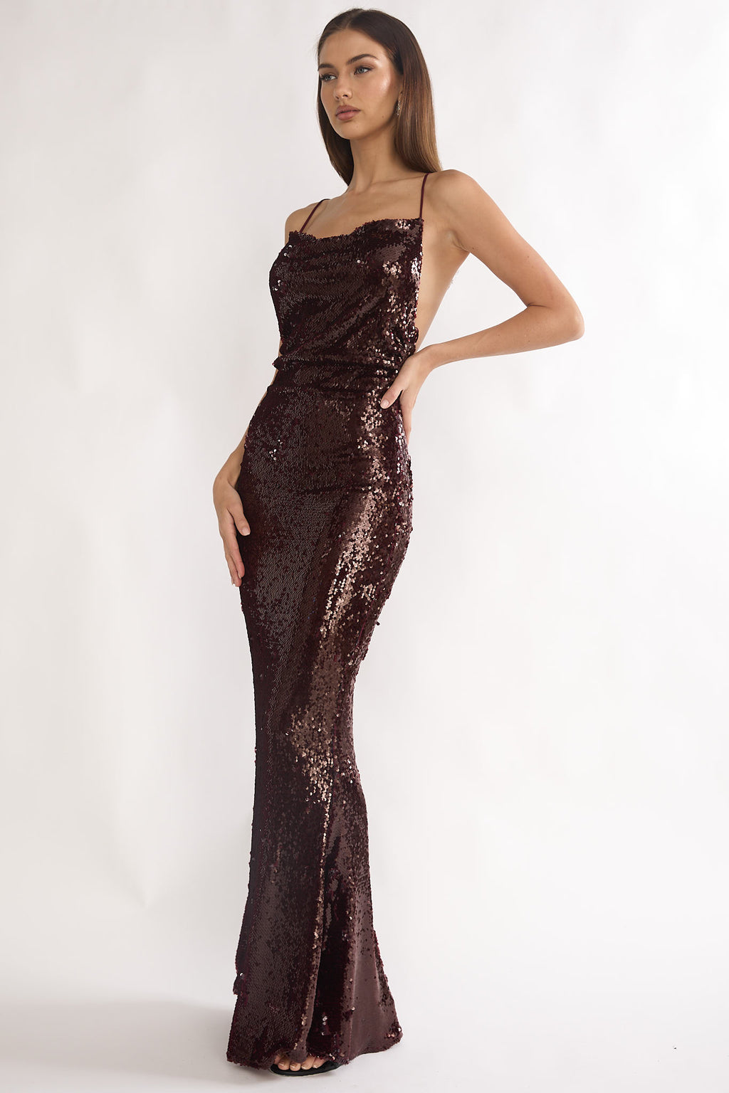 She's The Star Open Tied Back Maxi Dress Sequin Wine by Selfie Leslie