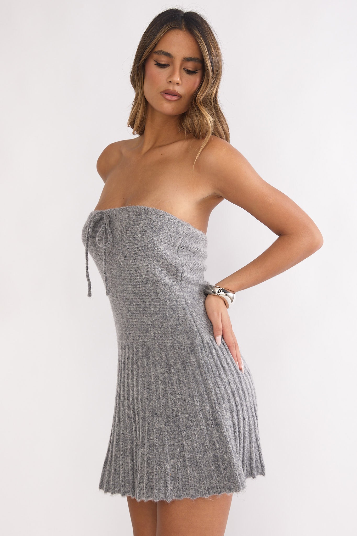 Hollis Strapless Pleat Hem Knit Mini Dress Charocal by Selfie Leslie