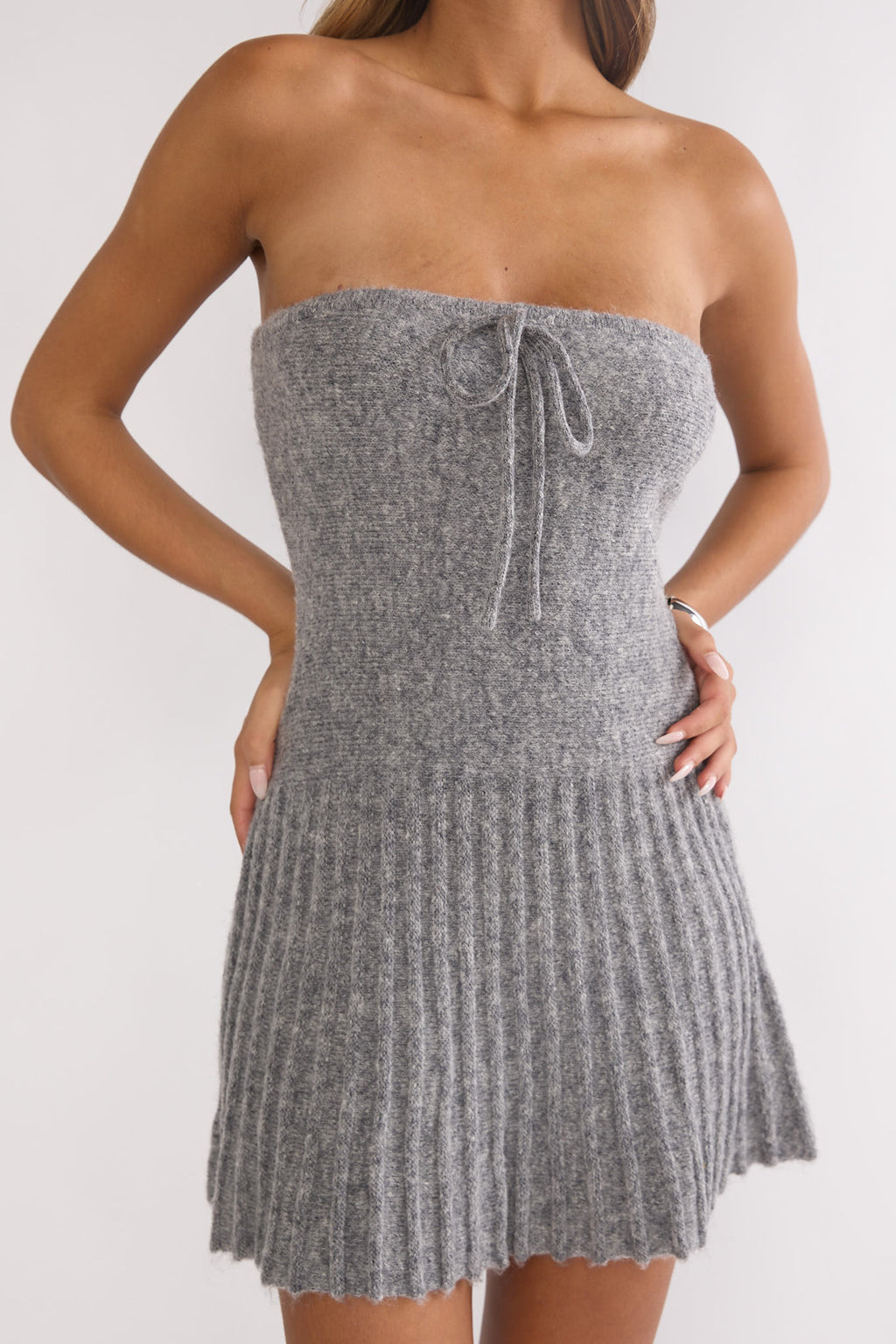 Hollis Strapless Pleat Hem Knit Mini Dress Charocal by Selfie Leslie