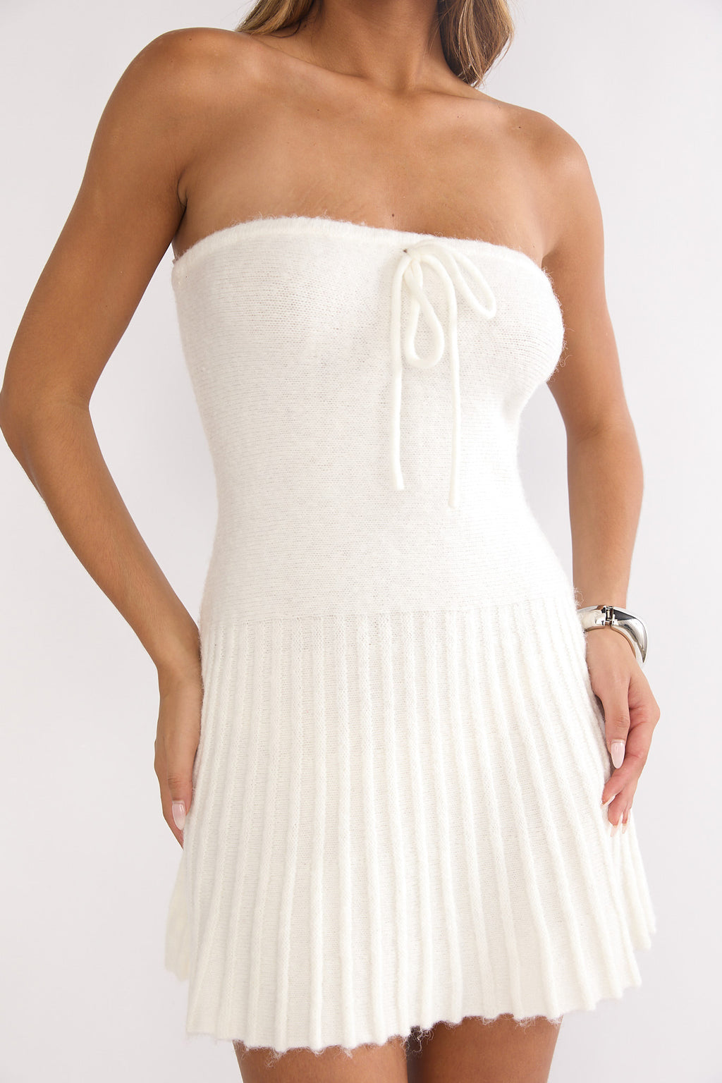Hollis Strapless Pleat Hem Knit Mini Dress White by Selfie Leslie