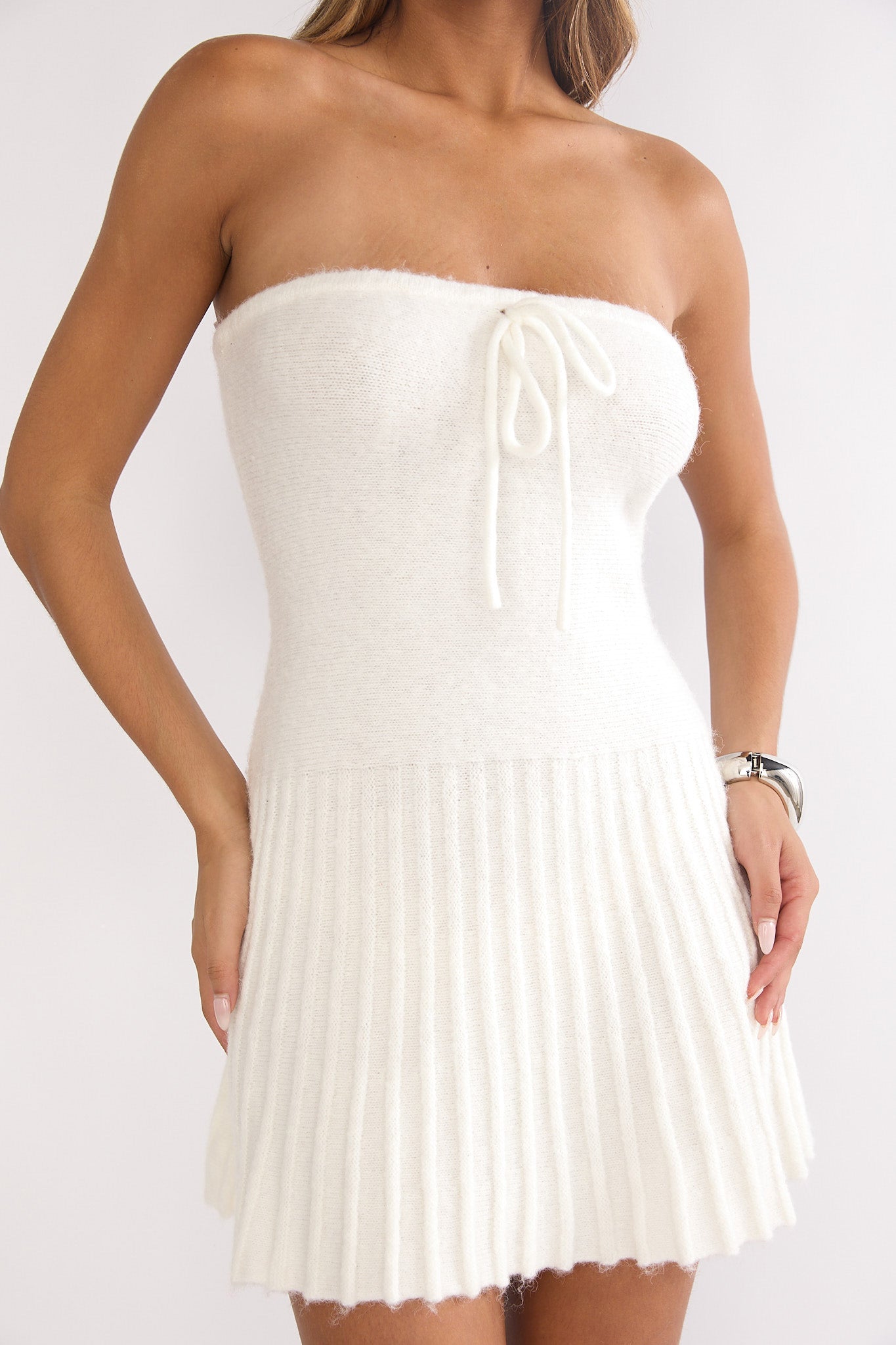 Hollis Strapless Pleat Hem Knit Mini Dress White by Selfie Leslie