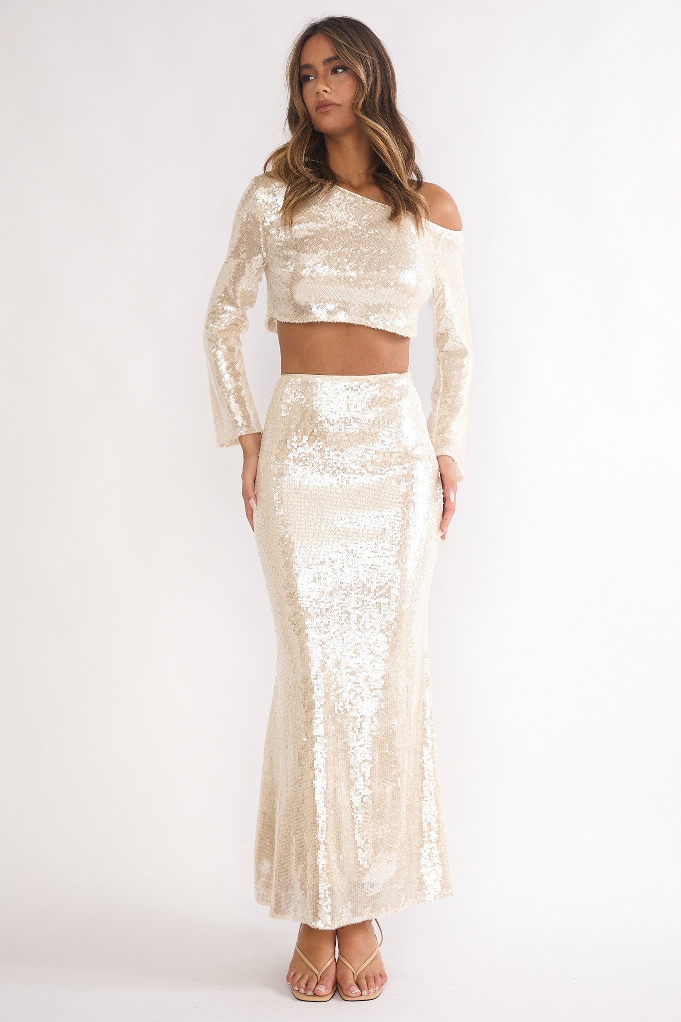 Crystalline Sequin Maxi Skirt Champagne by Selfie Leslie