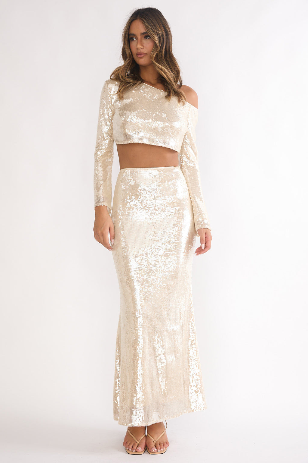 Crystalline Asymmetric Neckline Crop Top Sequin Champagne by Selfie Leslie