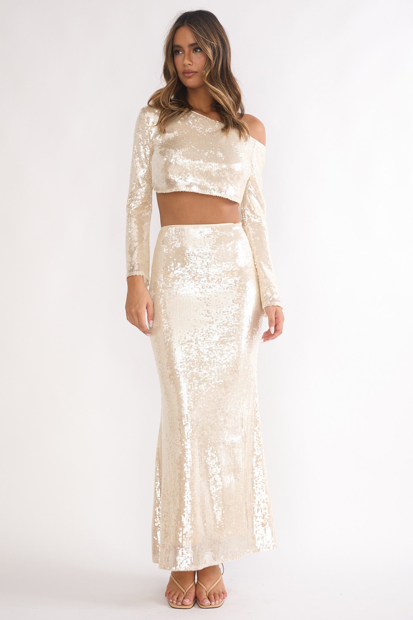Crystalline Asymmetric Neckline Crop Top Sequin Champagne by Selfie Leslie