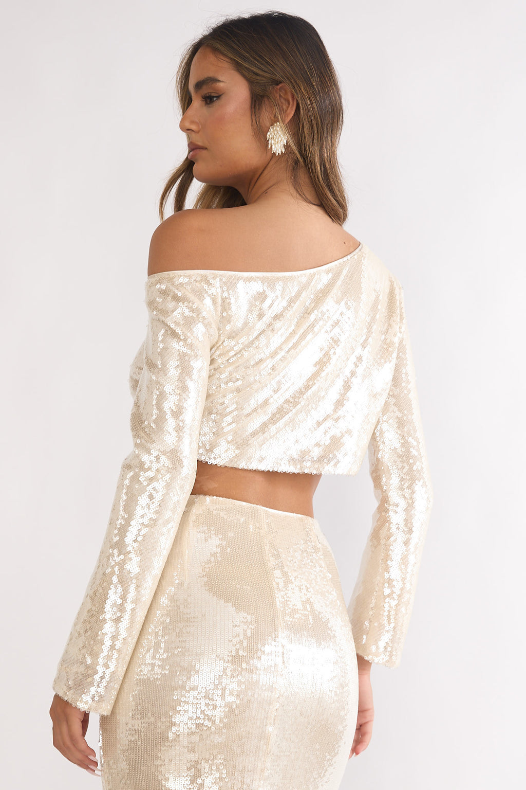 Crystalline Asymmetric Neckline Crop Top Sequin Champagne by Selfie Leslie