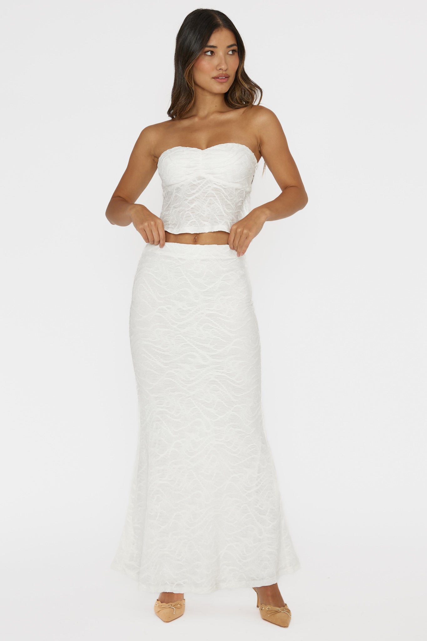 Chat Me Up Embellished Maxi Skirt White by Selfie Leslie