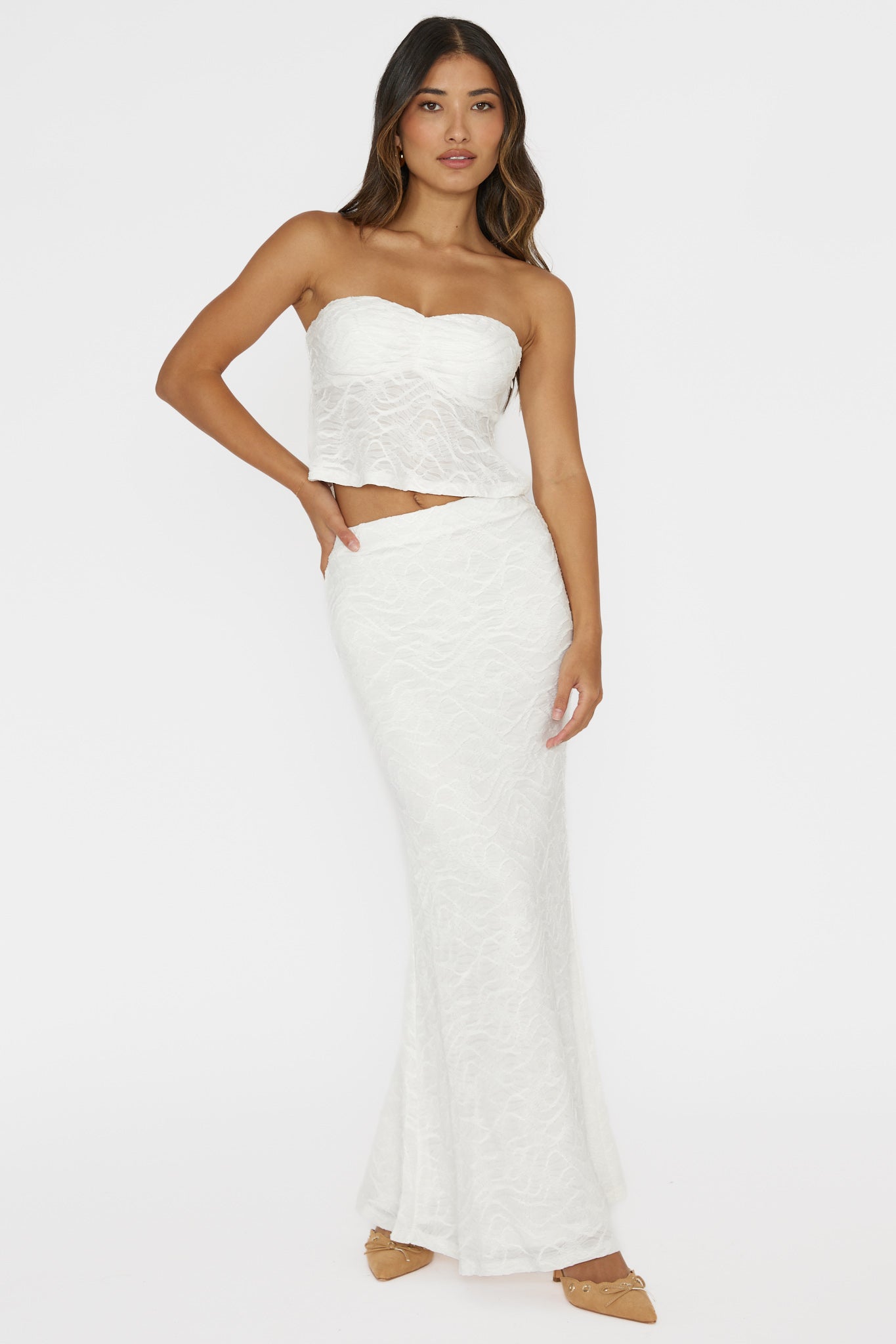 Chat Me Up Embellished Maxi Skirt White by Selfie Leslie