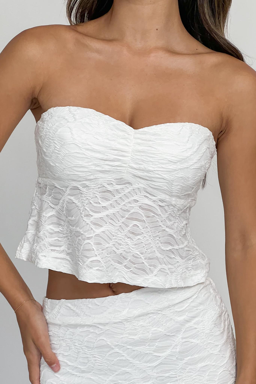 Chat Me Up Embellished Strapless Top White by Selfie Leslie