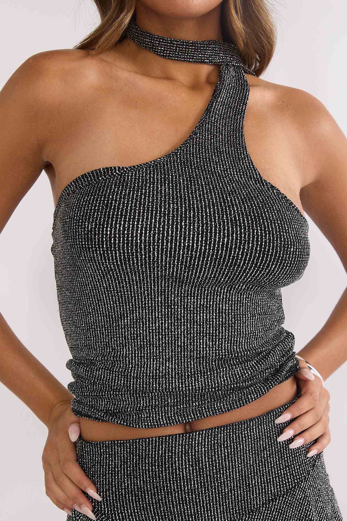 Vespera One-Shoulder Top Silver Black by Selfie Leslie