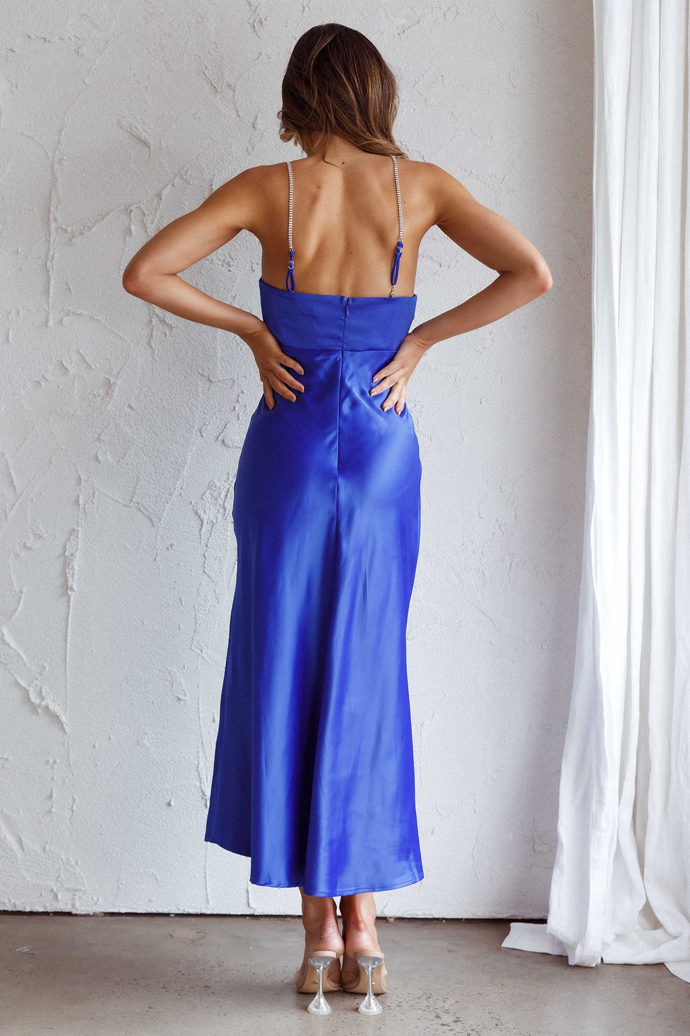 Venetia Diamante Strap Midi Dress Blue by Selfie Leslie