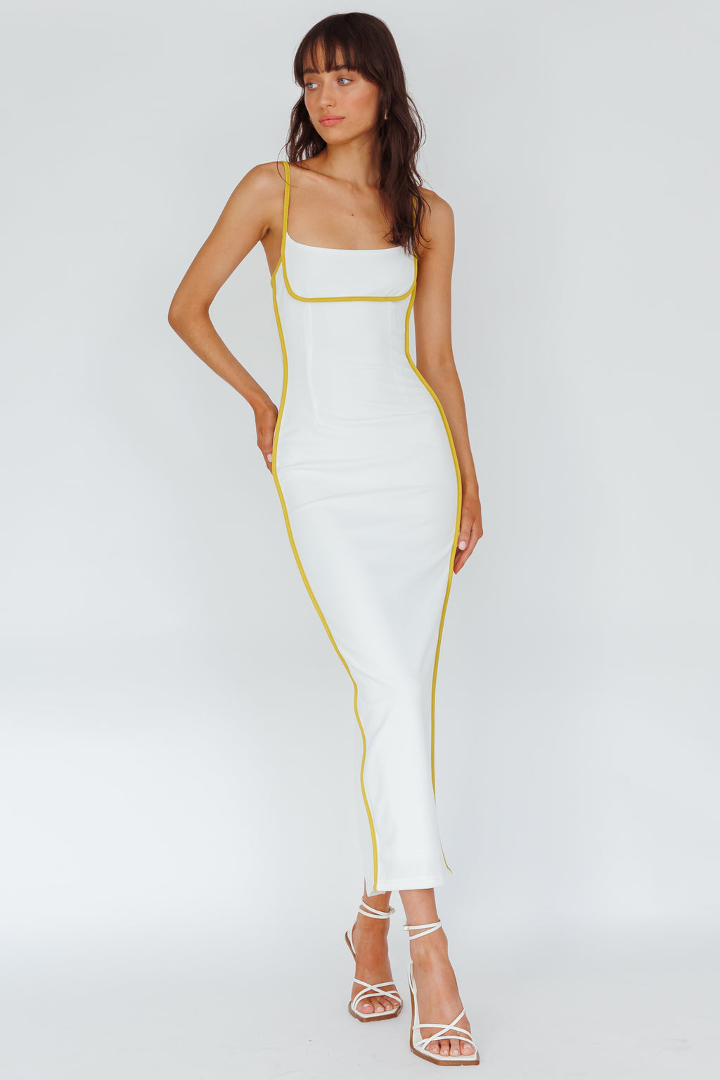 Sunny Coast Piping Trim Maxi Dress White/Yellow by Selfie Leslie