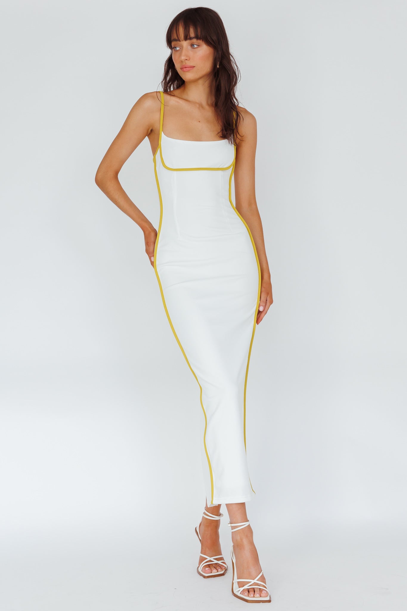Sunny Coast Piping Trim Maxi Dress White/Yellow by Selfie Leslie