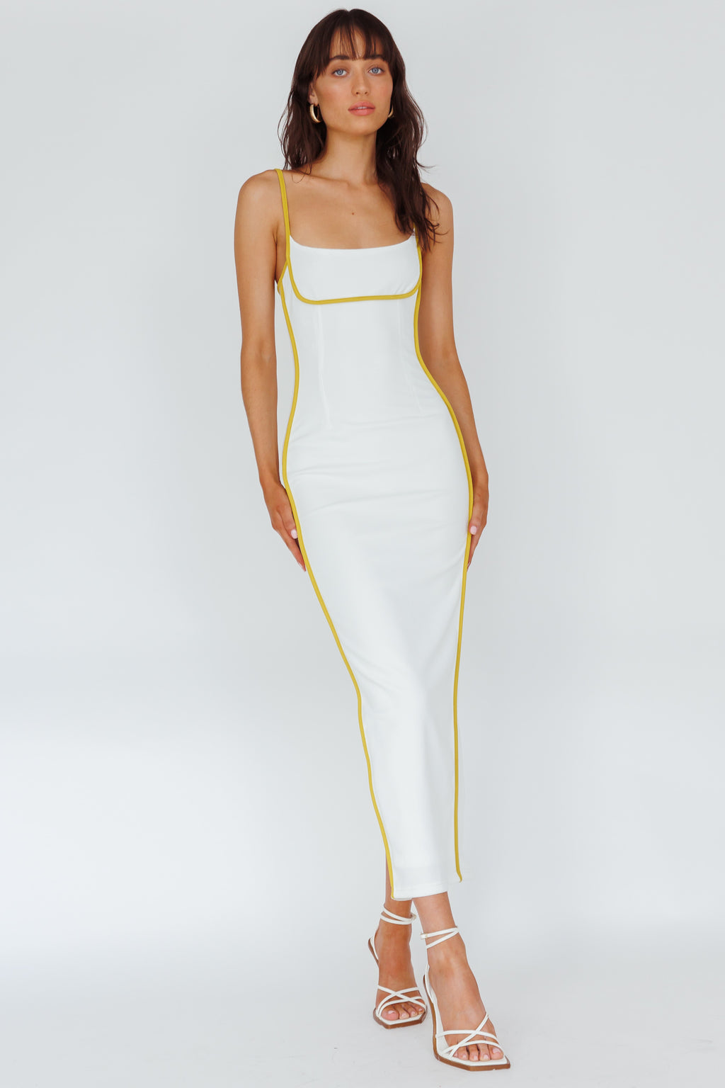 Sunny Coast Piping Trim Maxi Dress White/Yellow by Selfie Leslie