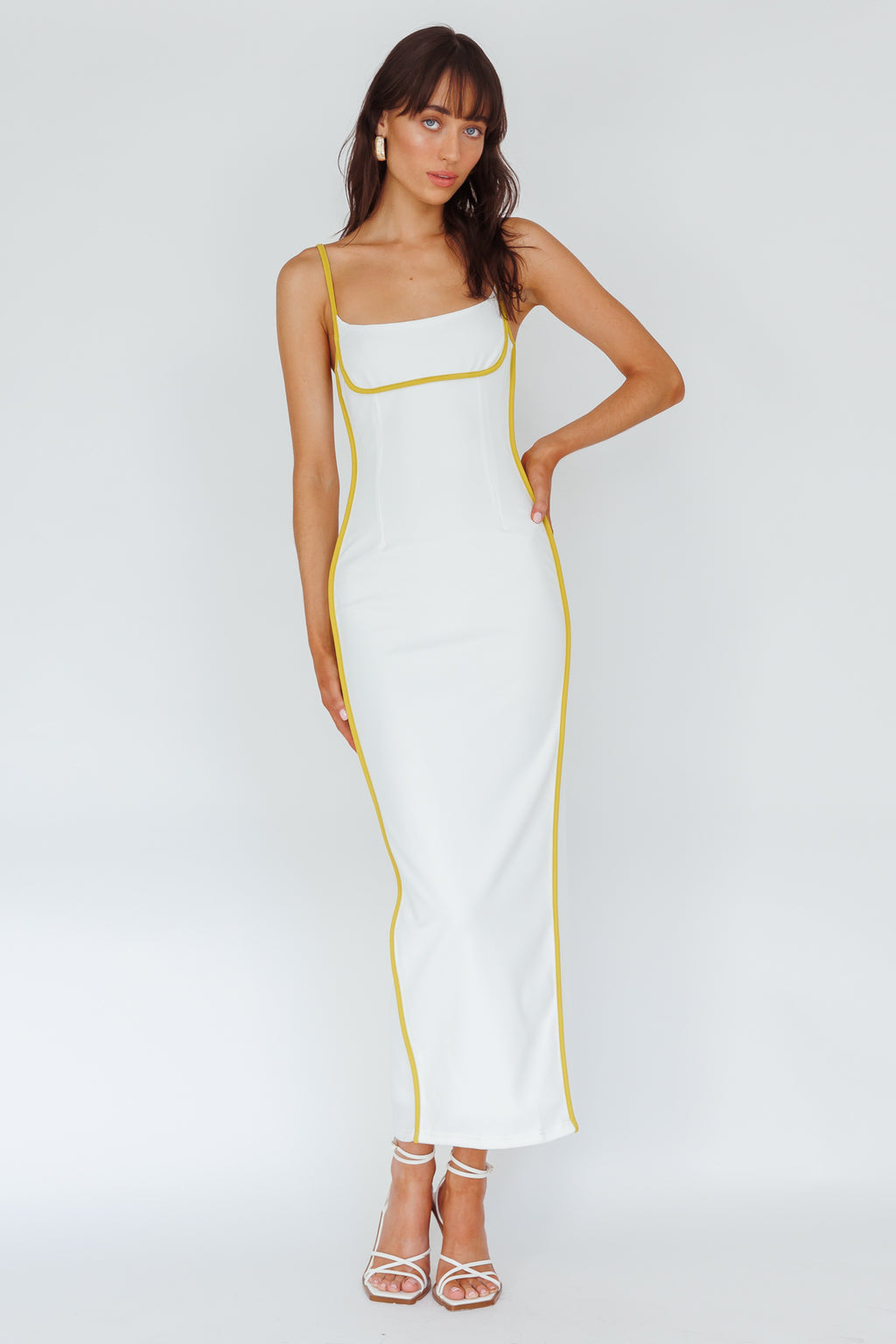 Sunny Coast Piping Trim Maxi Dress White/Yellow by Selfie Leslie