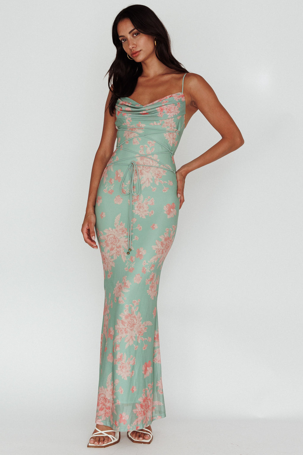 Teava Laced Waist Maxi Dress Floral Green by Selfie Leslie