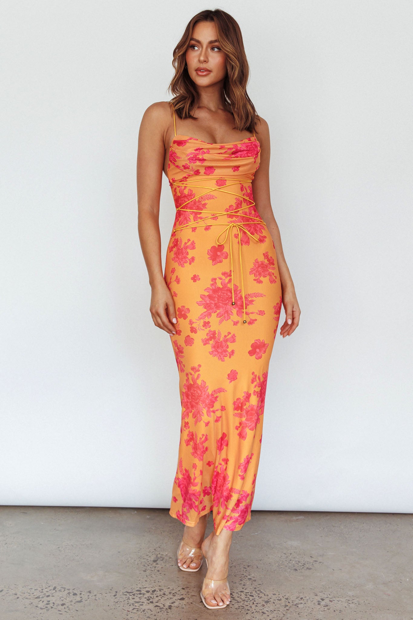 Teava Laced Waist Maxi Dress Floral Orange by Selfie Leslie