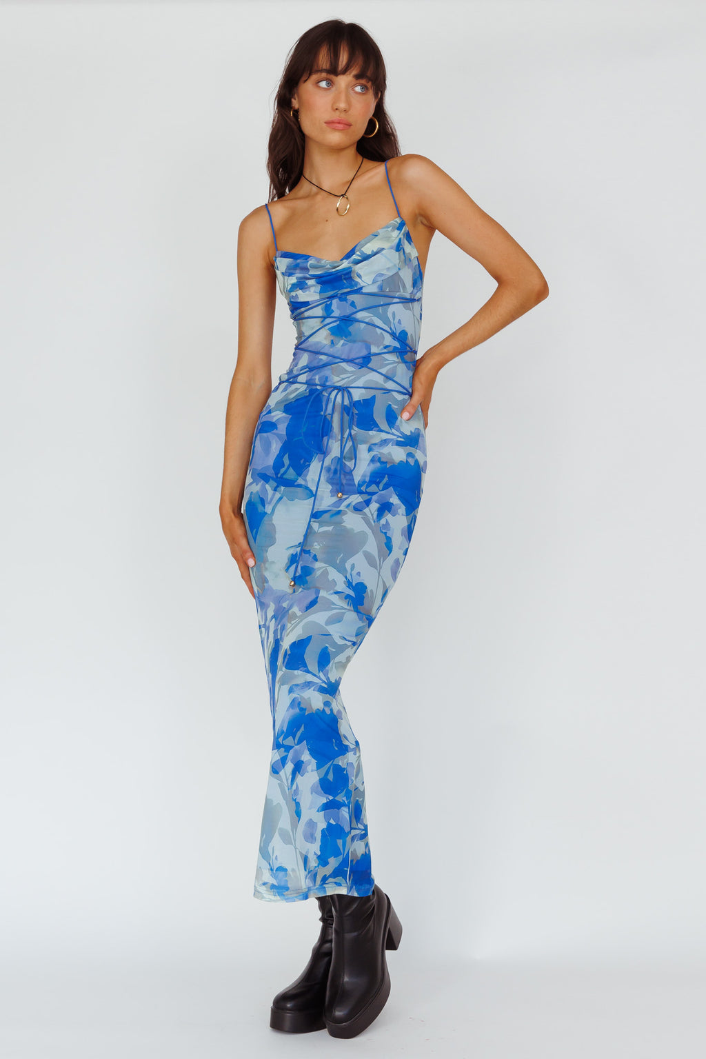 Teava Laced Waist Maxi Dress Print Floral Blue by Selfie Leslie