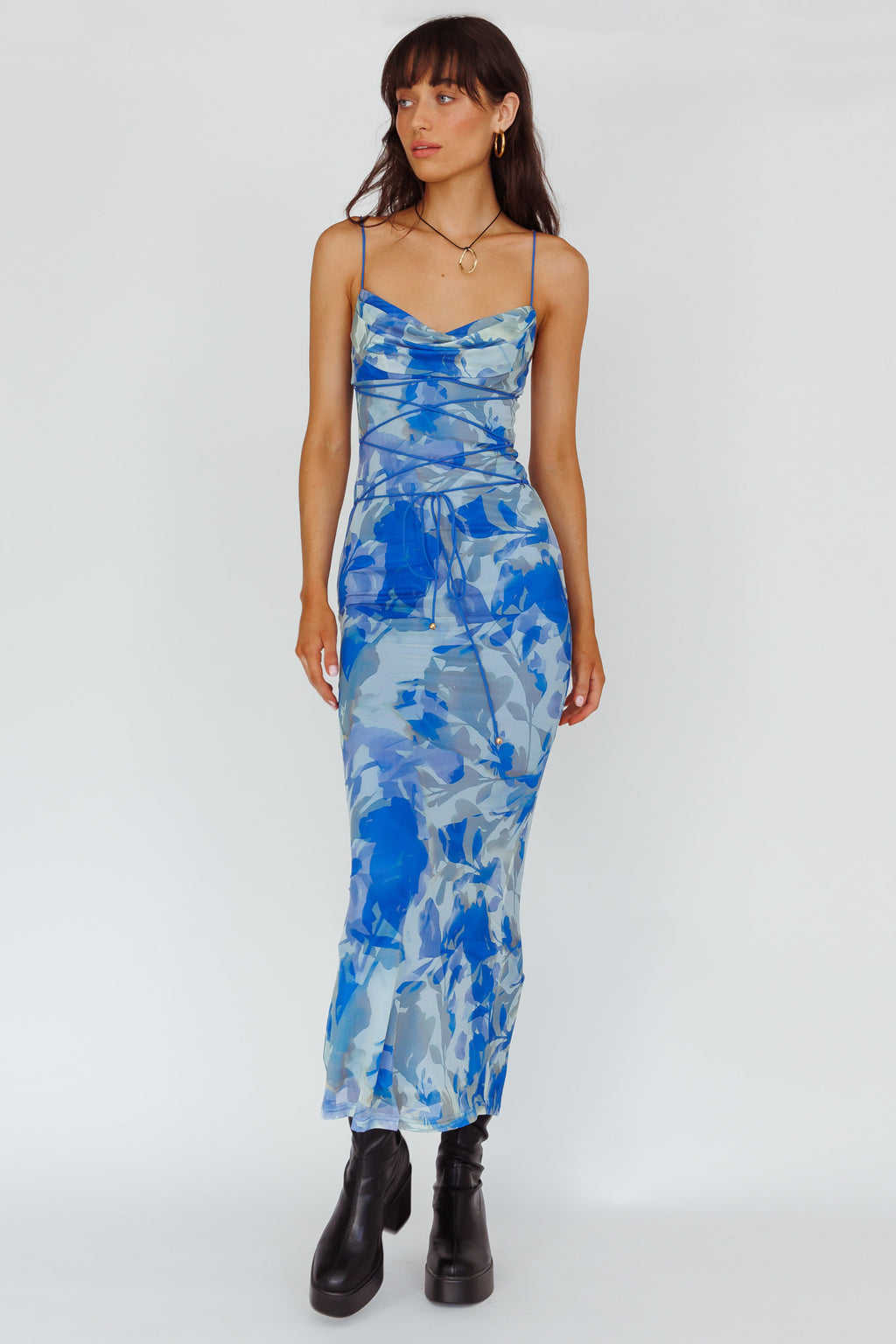 Teava Laced Waist Maxi Dress Print Floral Blue by Selfie Leslie
