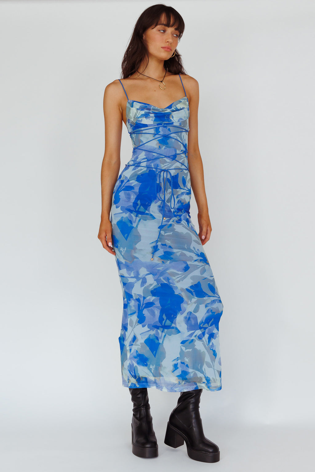 Teava Laced Waist Maxi Dress Print Floral Blue by Selfie Leslie