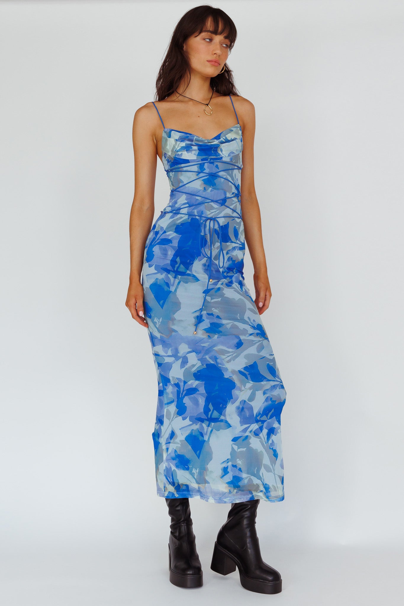 Teava Laced Waist Maxi Dress Print Floral Blue by Selfie Leslie
