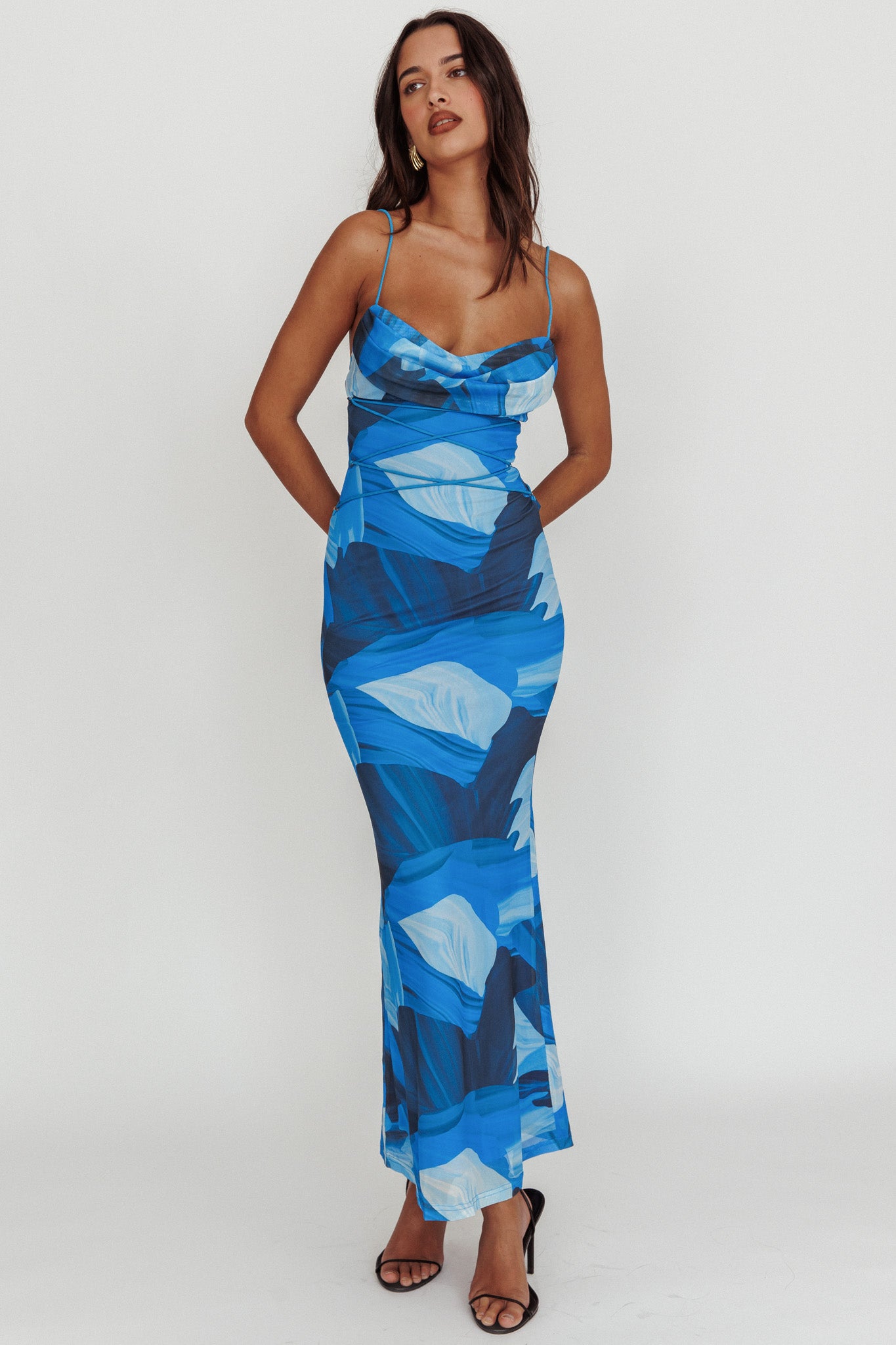 Teava Laced Waist Maxi Dress Abstract Blue by Selfie Leslie