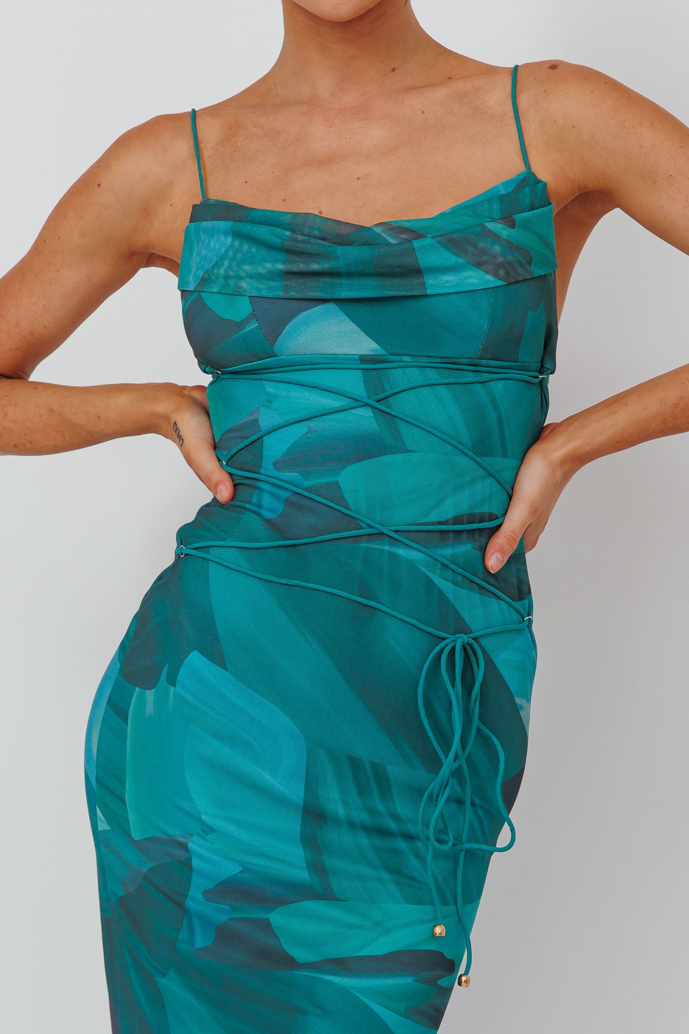 Teava Laced Waist Maxi Dress Abstract Green by Selfie Leslie
