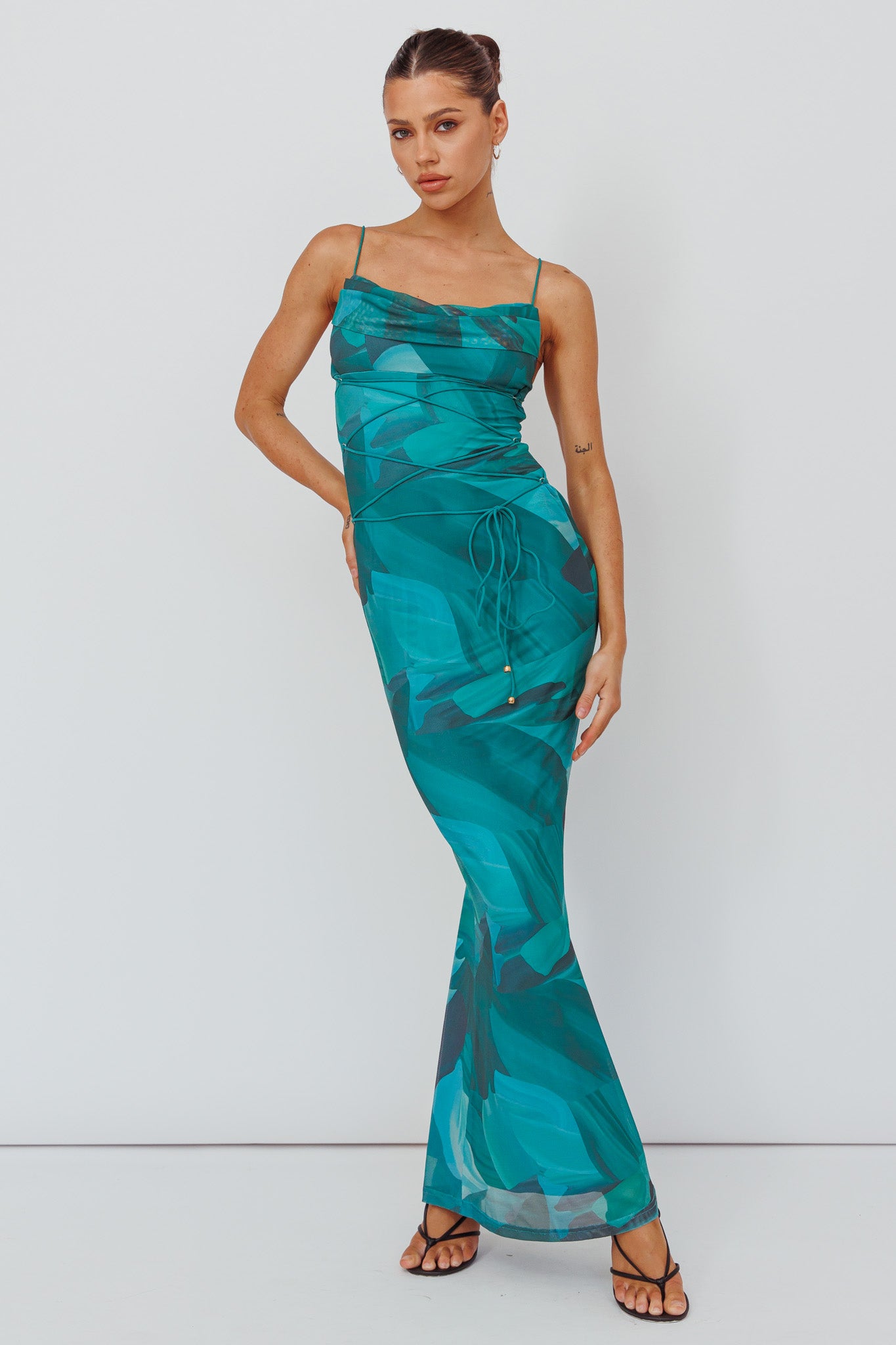 Teava Laced Waist Maxi Dress Abstract Green by Selfie Leslie