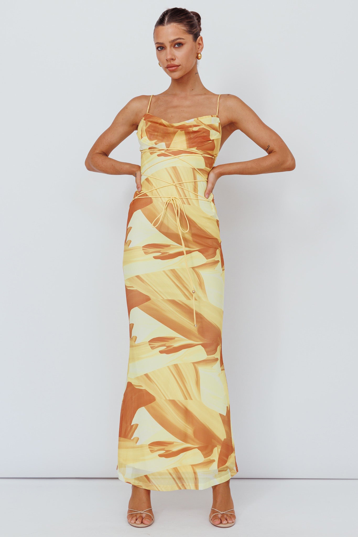 Teava Laced Waist Maxi Dress Abstract Yellow by Selfie Leslie