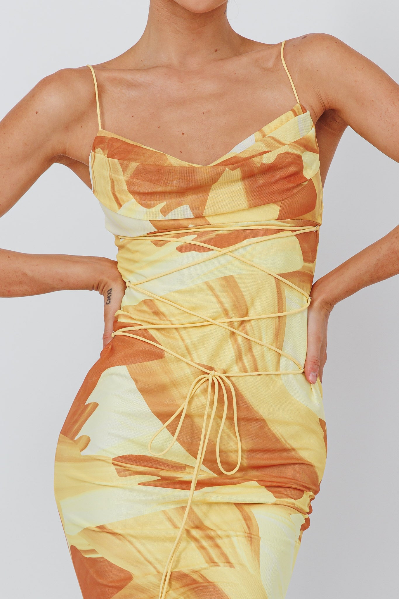 Teava Laced Waist Maxi Dress Abstract Yellow by Selfie Leslie