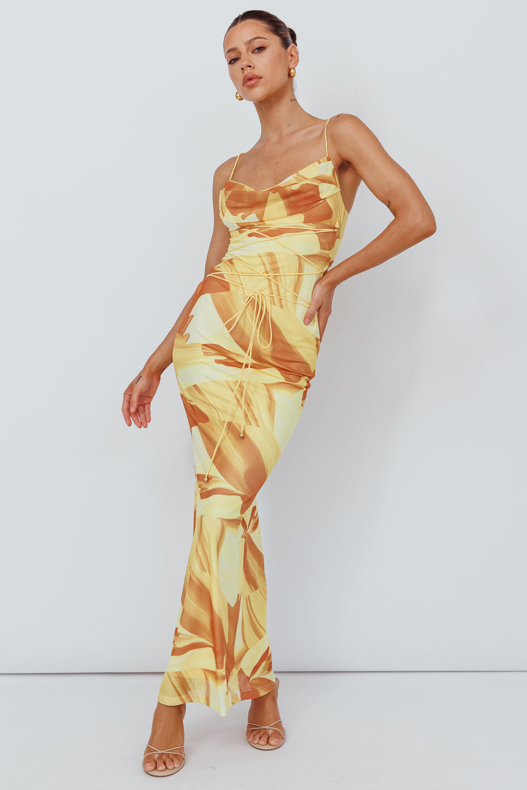 Teava Laced Waist Maxi Dress Abstract Yellow by Selfie Leslie