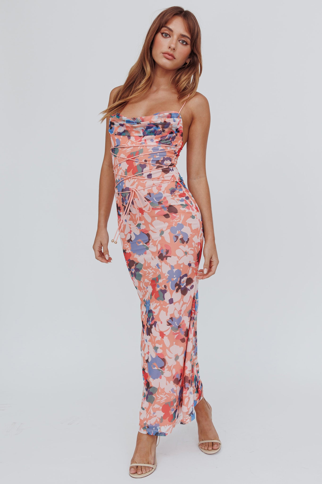 Teava Laced Waist Maxi Dress Flowers Orange by Selfie Leslie