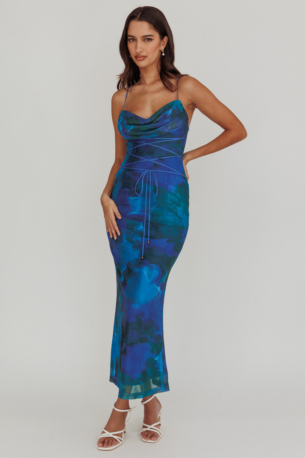 Teava Laced Waist Maxi Dress Print Blue by Selfie Leslie
