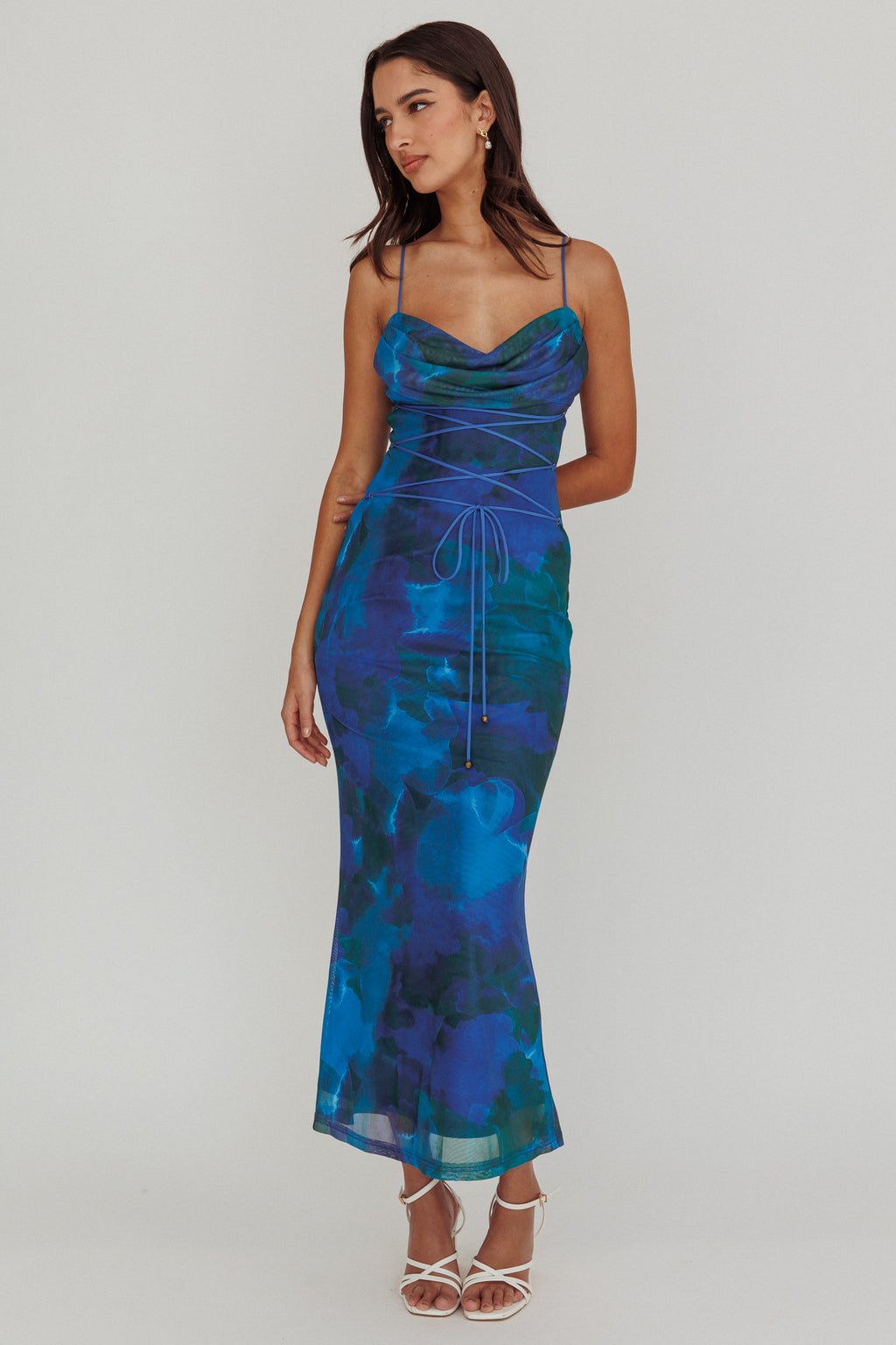 Teava Laced Waist Maxi Dress Print Blue by Selfie Leslie