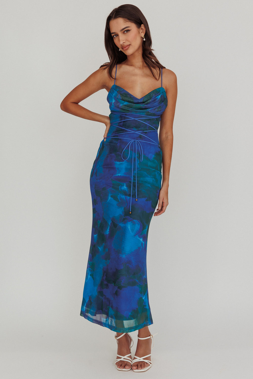 Teava Laced Waist Maxi Dress Print Blue by Selfie Leslie