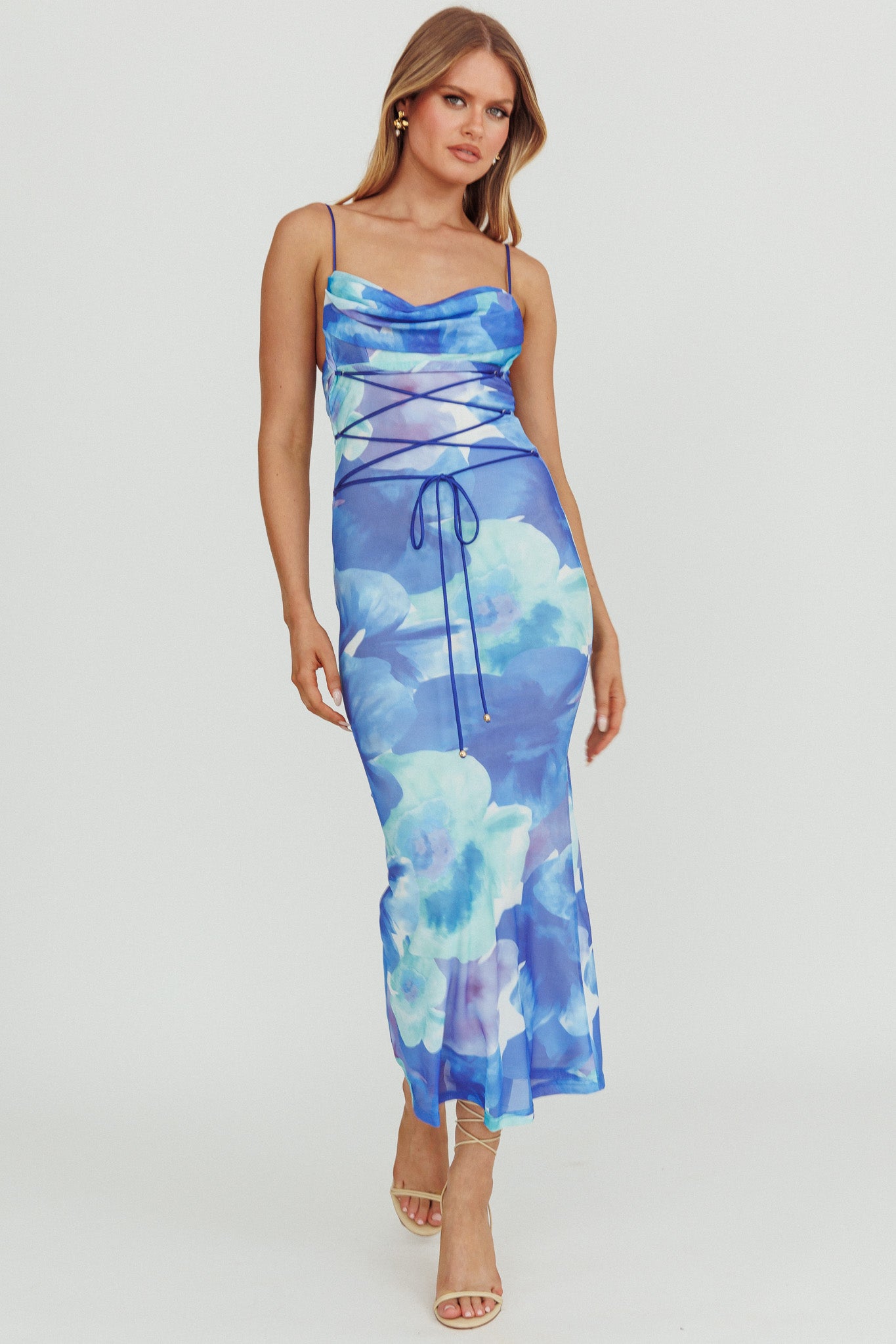 Teava Laced Waist Maxi Dress Flowers Blue by Selfie Leslie