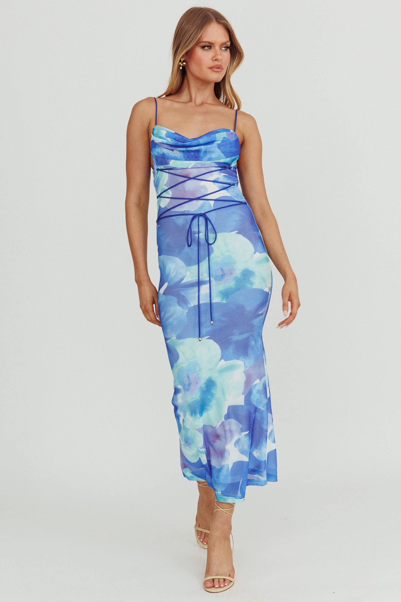 Teava Laced Waist Maxi Dress Flowers Blue by Selfie Leslie