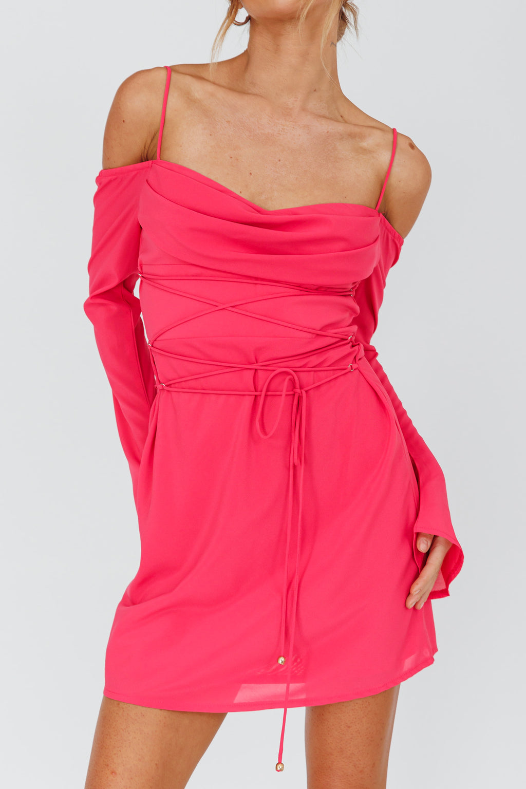 Teava Off-Shoulder Sleeve Laced Mini Dress Hot Pink by Selfie Leslie