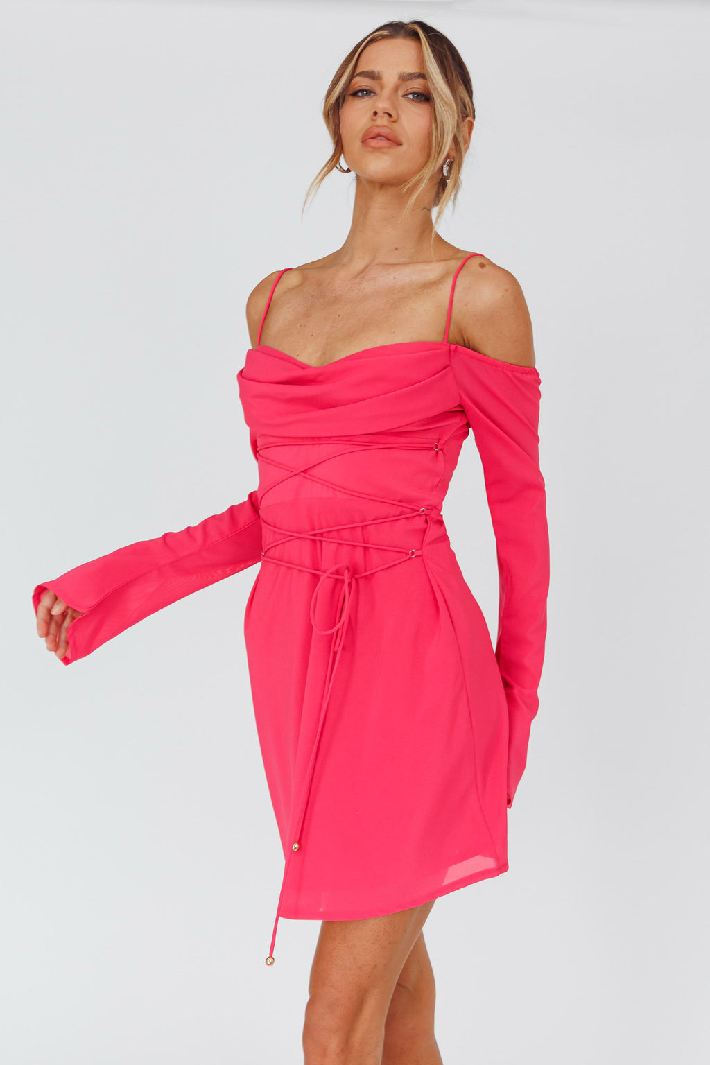 Teava Off-Shoulder Sleeve Laced Mini Dress Hot Pink by Selfie Leslie
