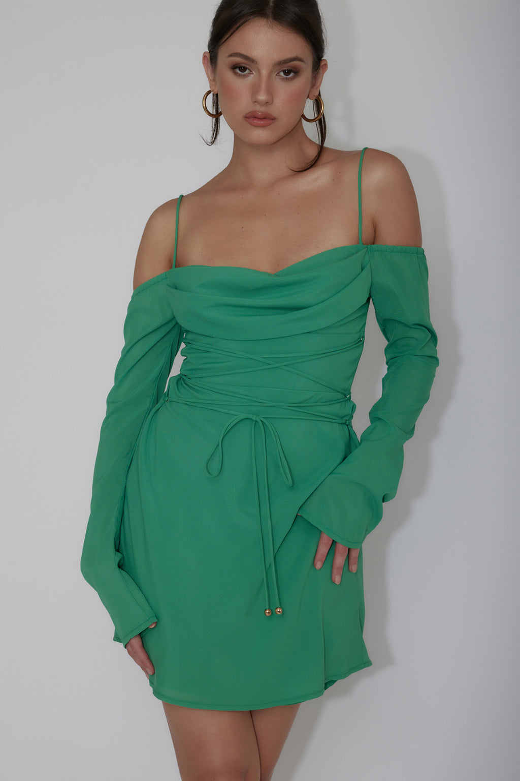Teava Off-Shoulder Sleeve Laced Mini Dress Jade by Selfie Leslie
