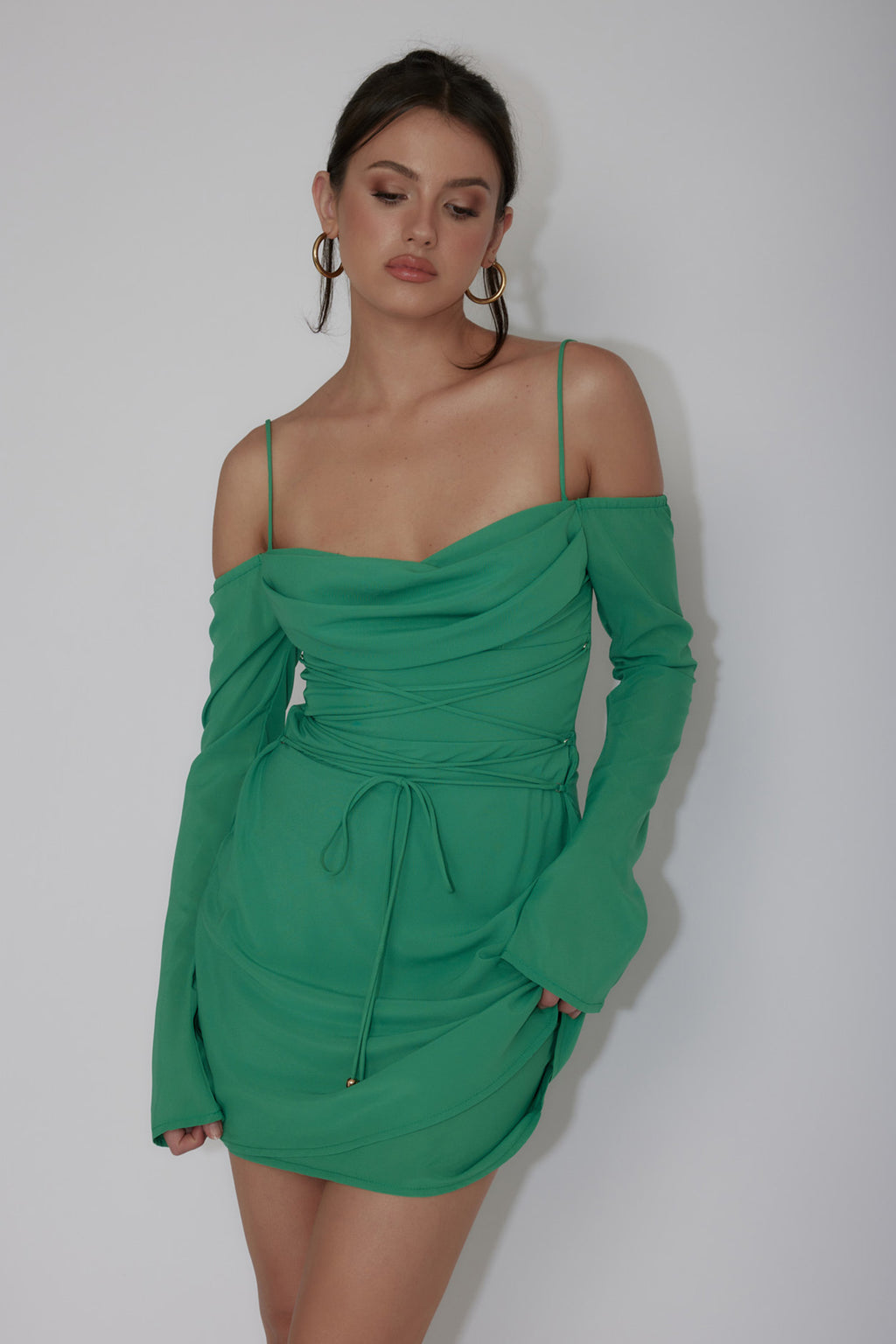 Teava Off-Shoulder Sleeve Laced Mini Dress Jade by Selfie Leslie