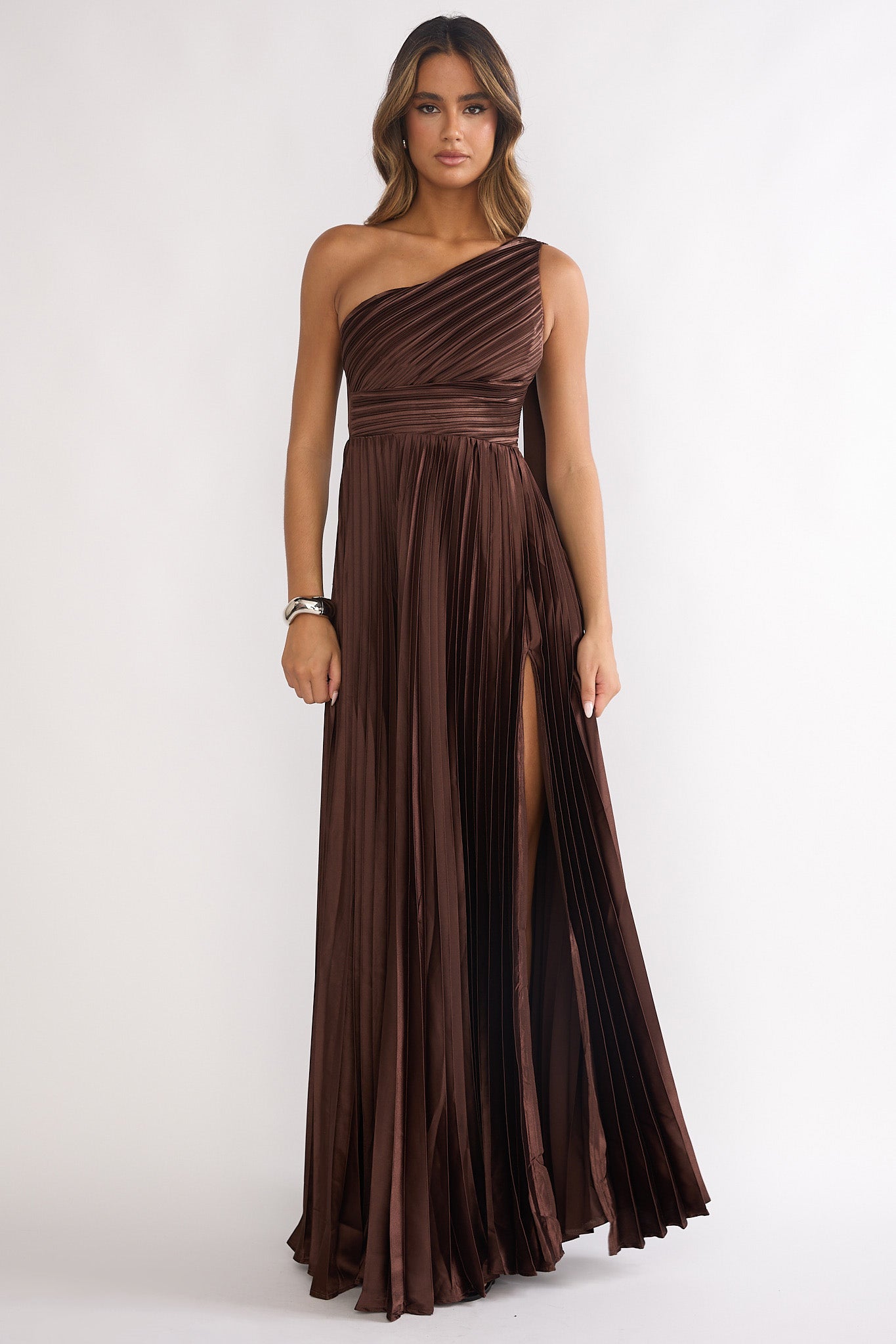 Goddess Aura Pleated Maxi Dress Chocolate by Selfie Leslie