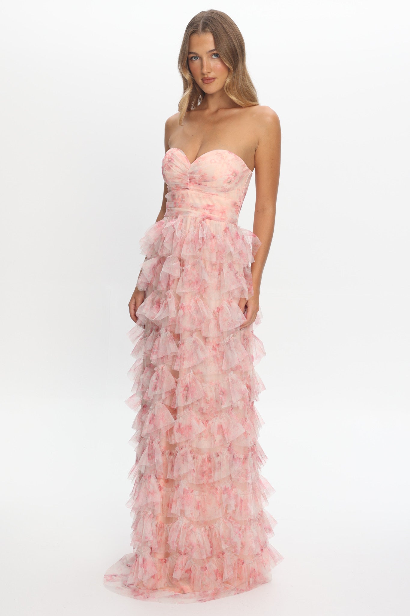 blush floral maxi dress Marisyn Tiered Frill Maxi Dress Floral Blush