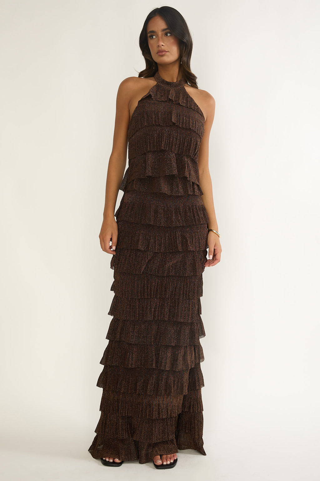 Kaelia Tiered Halter Maxi Dress Sparkle Brown by Selfie Leslie