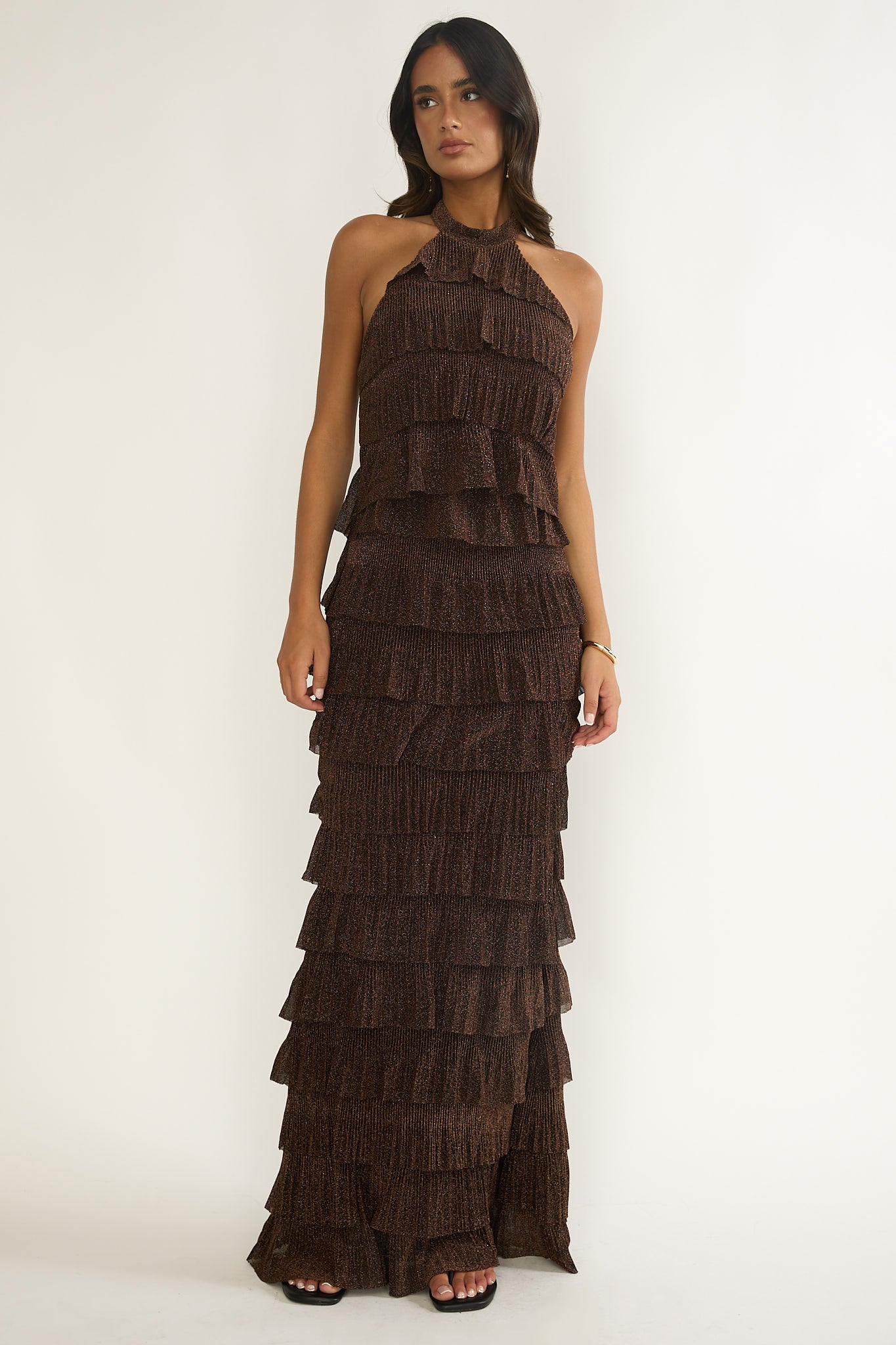 Kaelia Tiered Halter Maxi Dress Sparkle Brown by Selfie Leslie