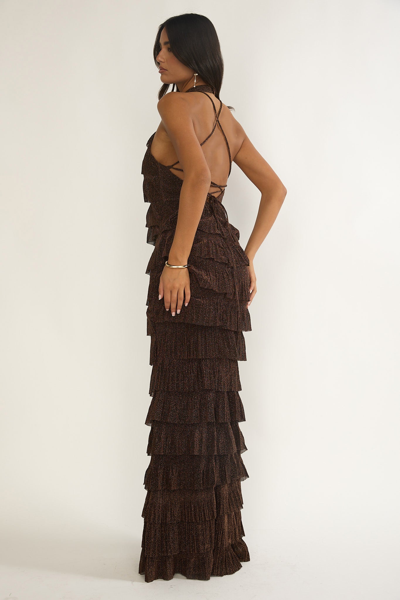 Kaelia Tiered Halter Maxi Dress Sparkle Brown by Selfie Leslie