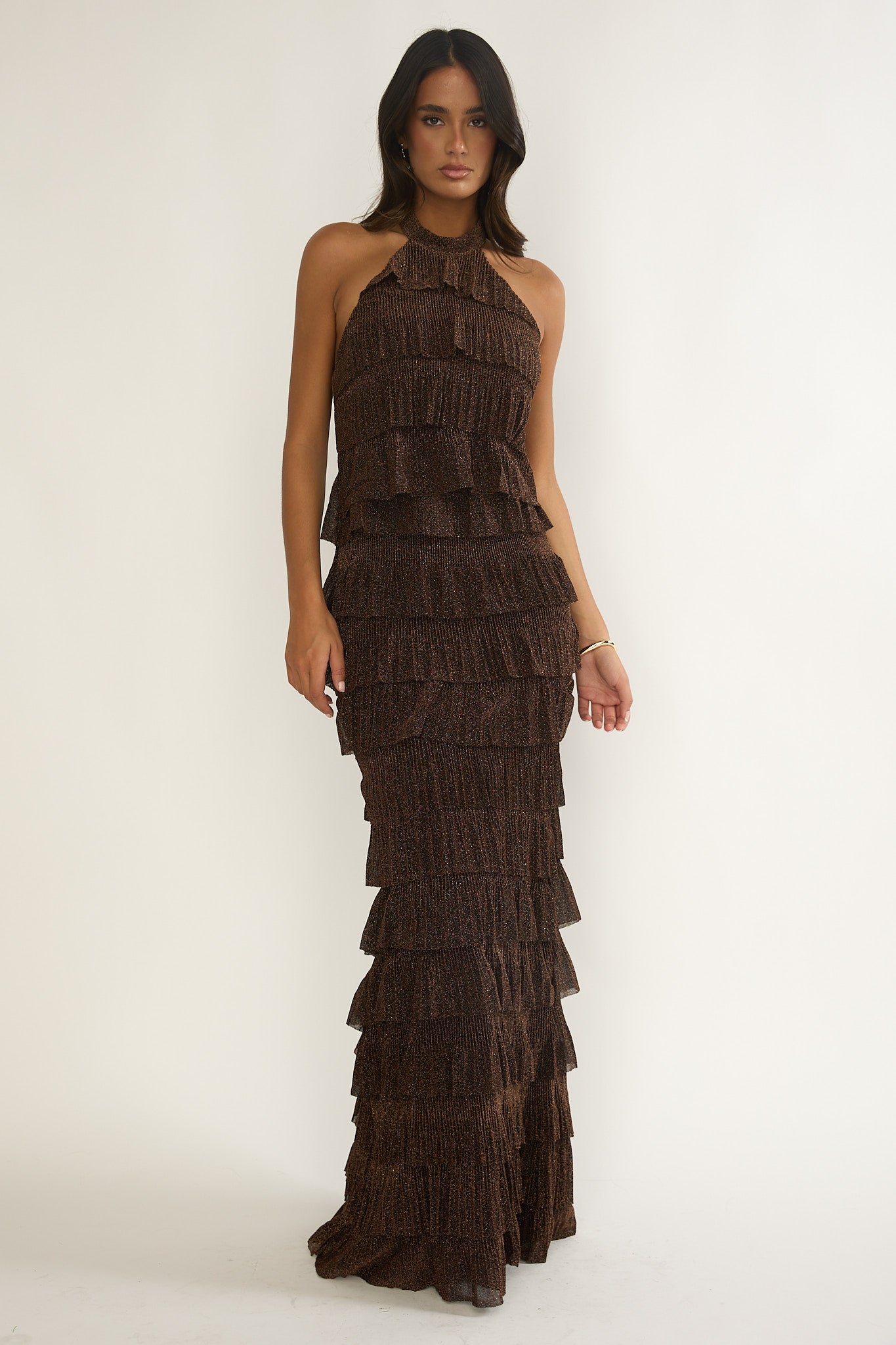 Kaelia Tiered Halter Maxi Dress Sparkle Brown | Selfie Leslie